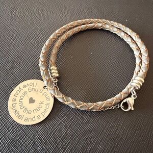 Balla Bushel and a Peck Engraved Pendant Grey Braided Leather Wrap Bracelet